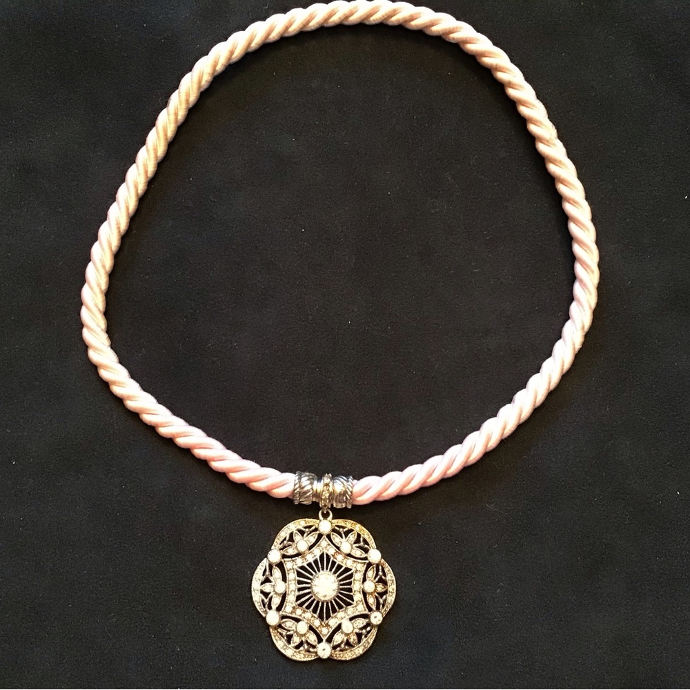 Judith Ripka Silk Cord Necklace with Sterling Silver and Rhinestone Pendant.
